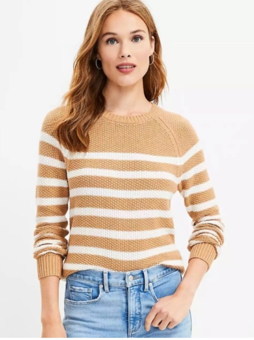 Ann Taylor LOFT Striped Chunky Waffle Knit Pullover Sweater Tan Large